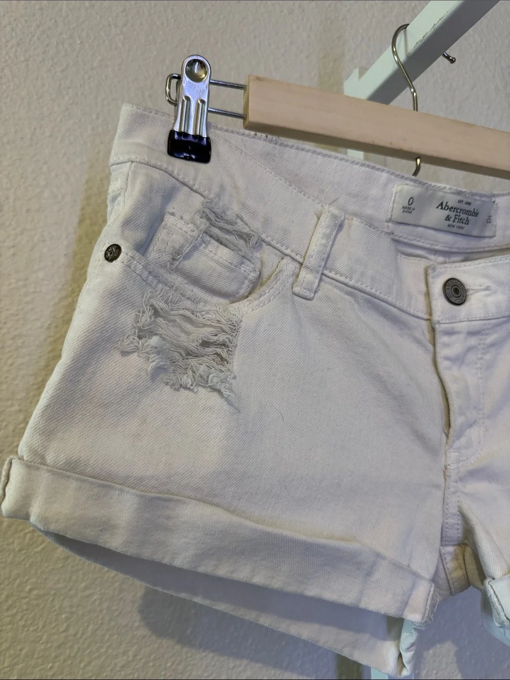 Abercrombie & Fitch White Distressed Denim Short Shorts